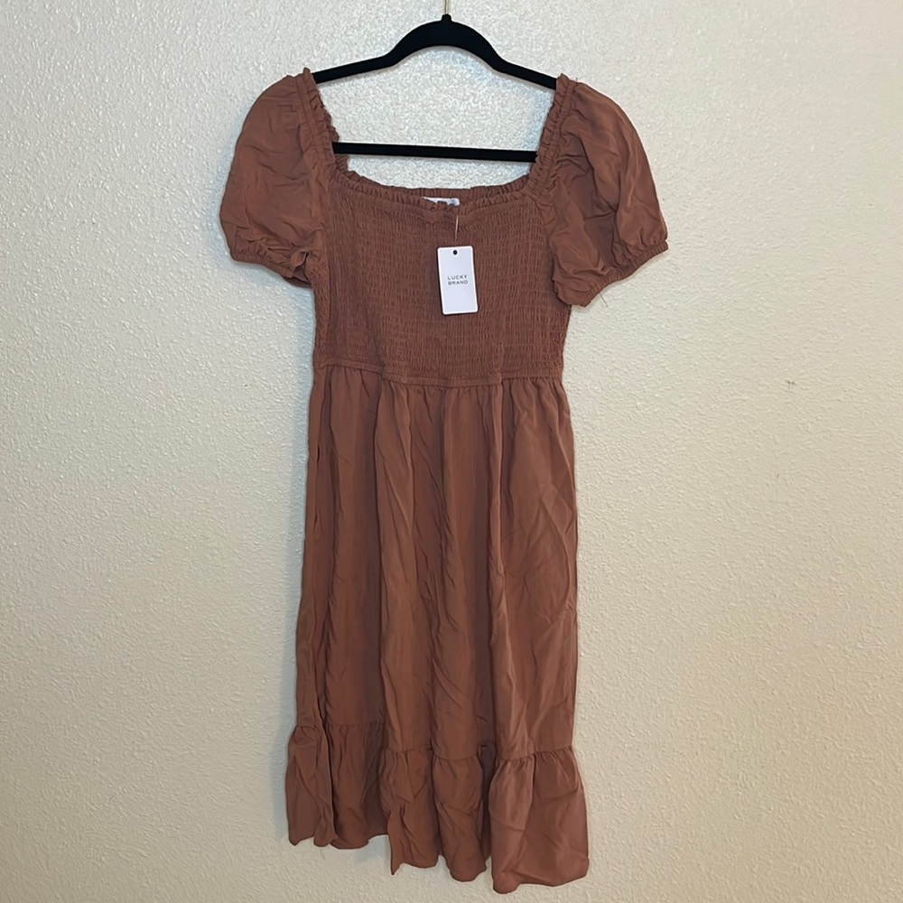Lucky Brand Rust Brown Smocked Asymmetrical Midi Dress